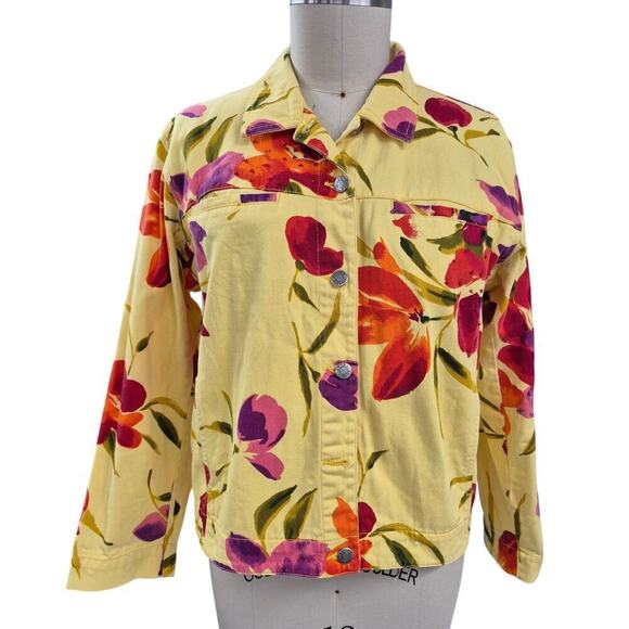 Chico's Design Yellow Denim Jacket Vivid Red Floral Pattern Sz 3  XL - Picture 1 of 4